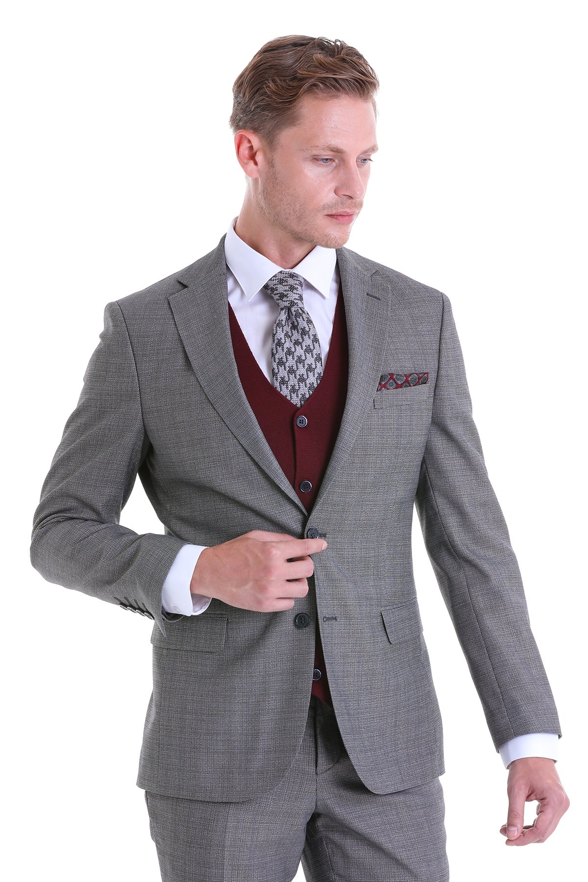 Slim Fit Notch Lapel Gray Classic Suit - SAYKI