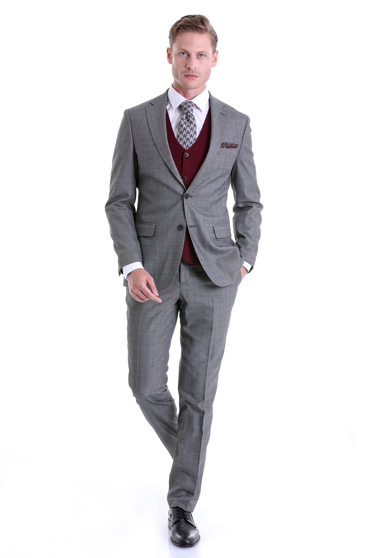 Slim Fit Notch Lapel Gray Classic Suit - SAYKI