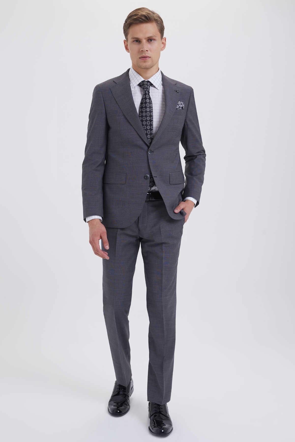 Slim Fit Notch Lapel Gray Wool Blend Classic Suit - SAYKI