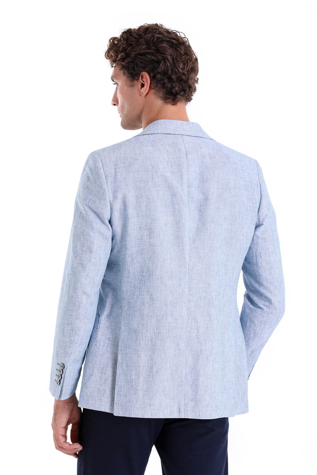 Light blue textured blazer with subtle pattern and classic tailored fit.