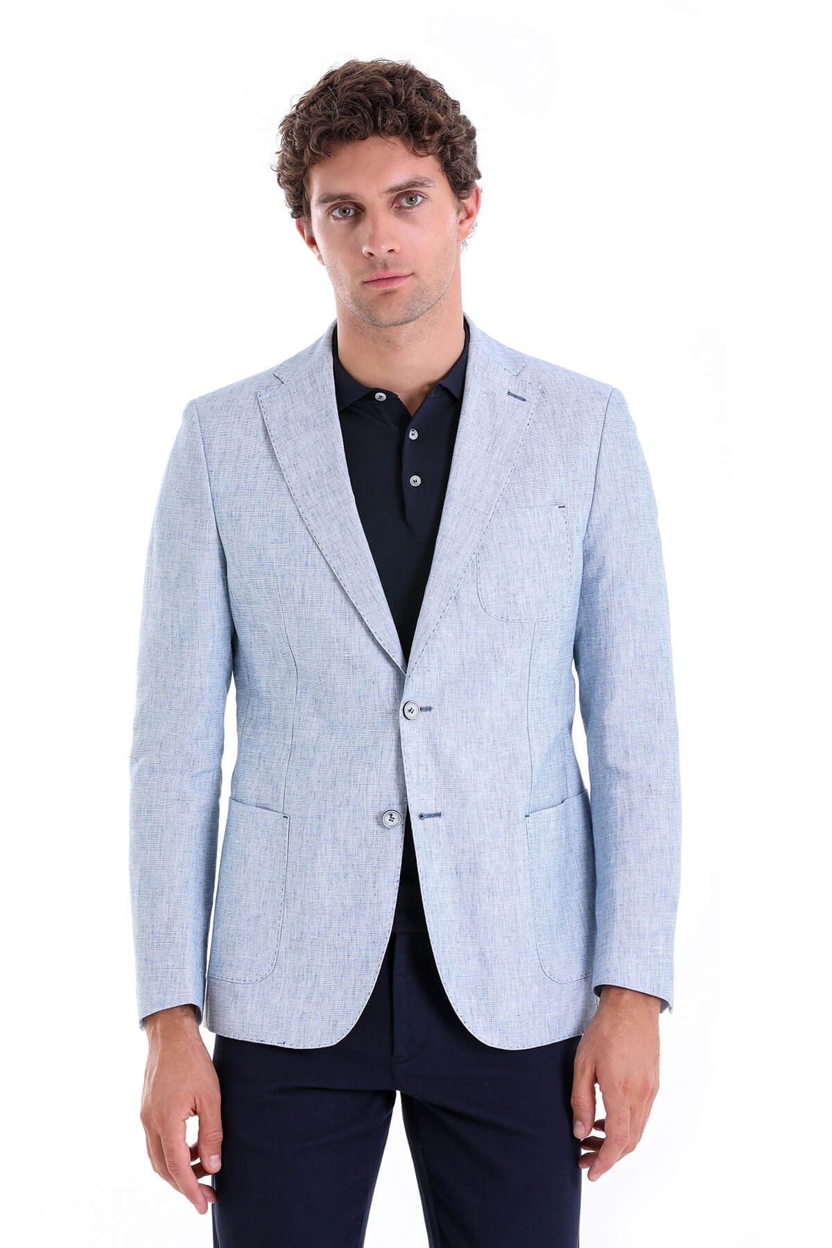 Light blue textured blazer with subtle pattern and two-button closure.