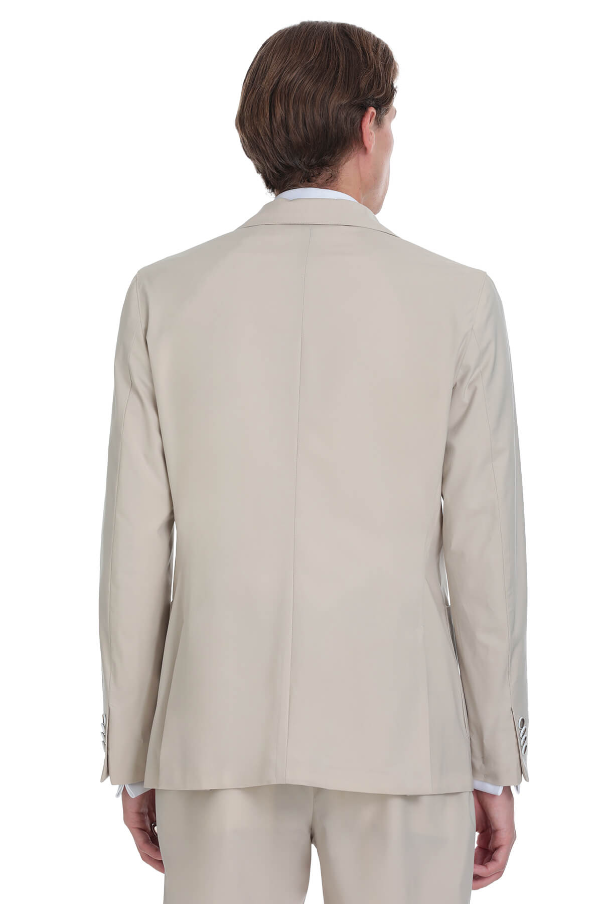 Beige tailored suit jacket with subtle vertical seam and matching cuffs.