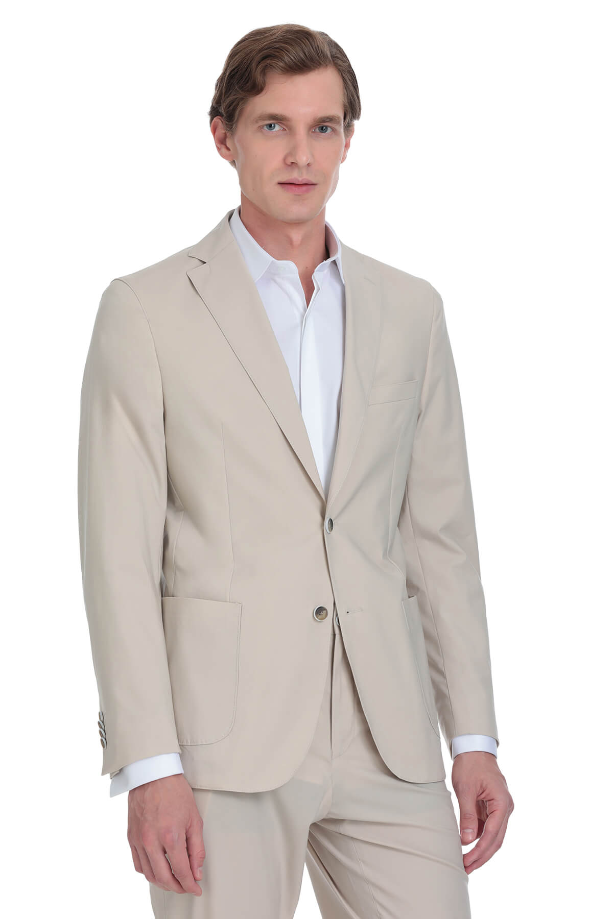 Beige two-button suit jacket with a tailored fit and subtle texture.