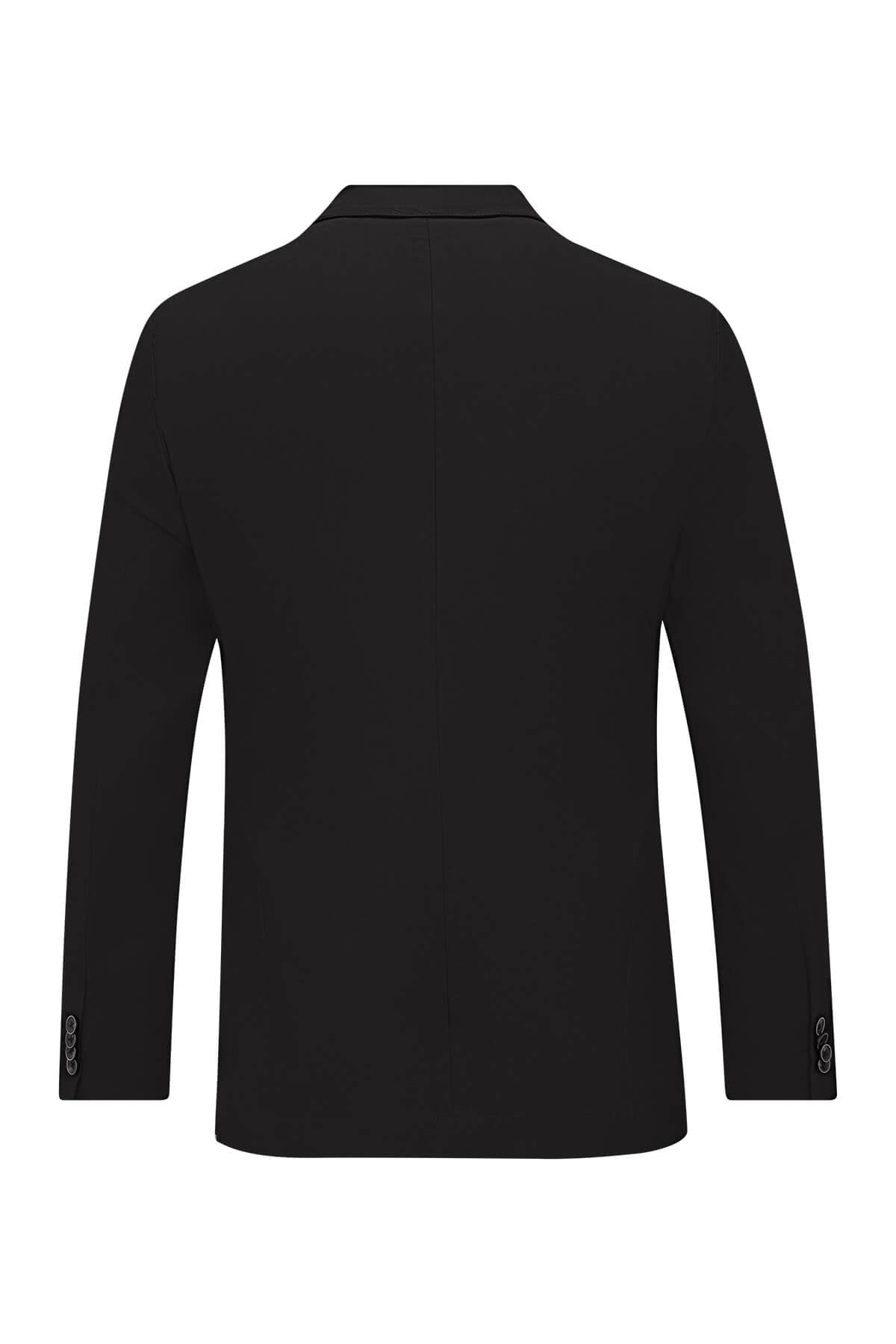 Black tailored blazer with a sleek, modern cut and subtle button detailing on the cuffs.