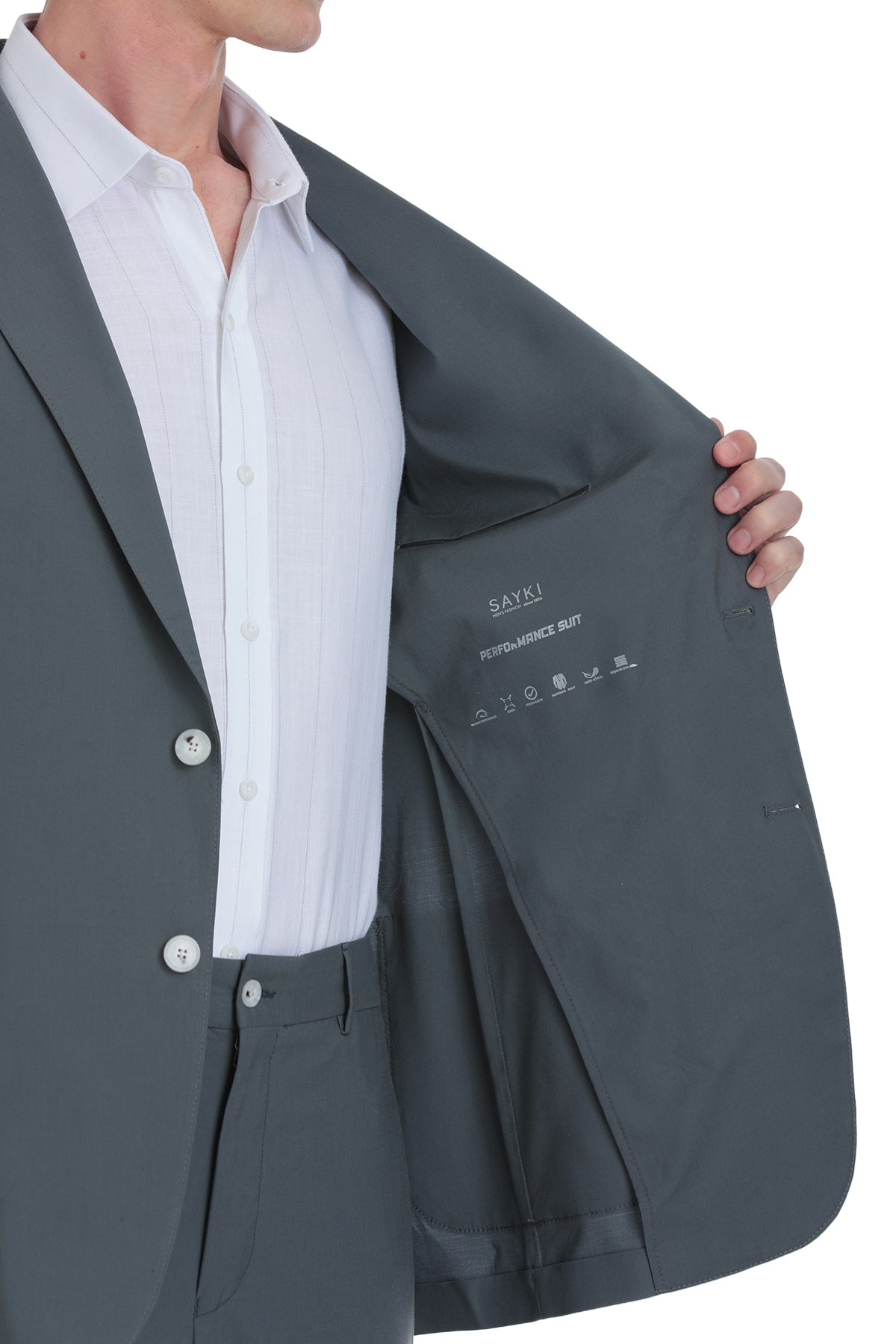Dark gray performance suit jacket with a sleek, tailored design and subtle brand labeling on the inner lining.