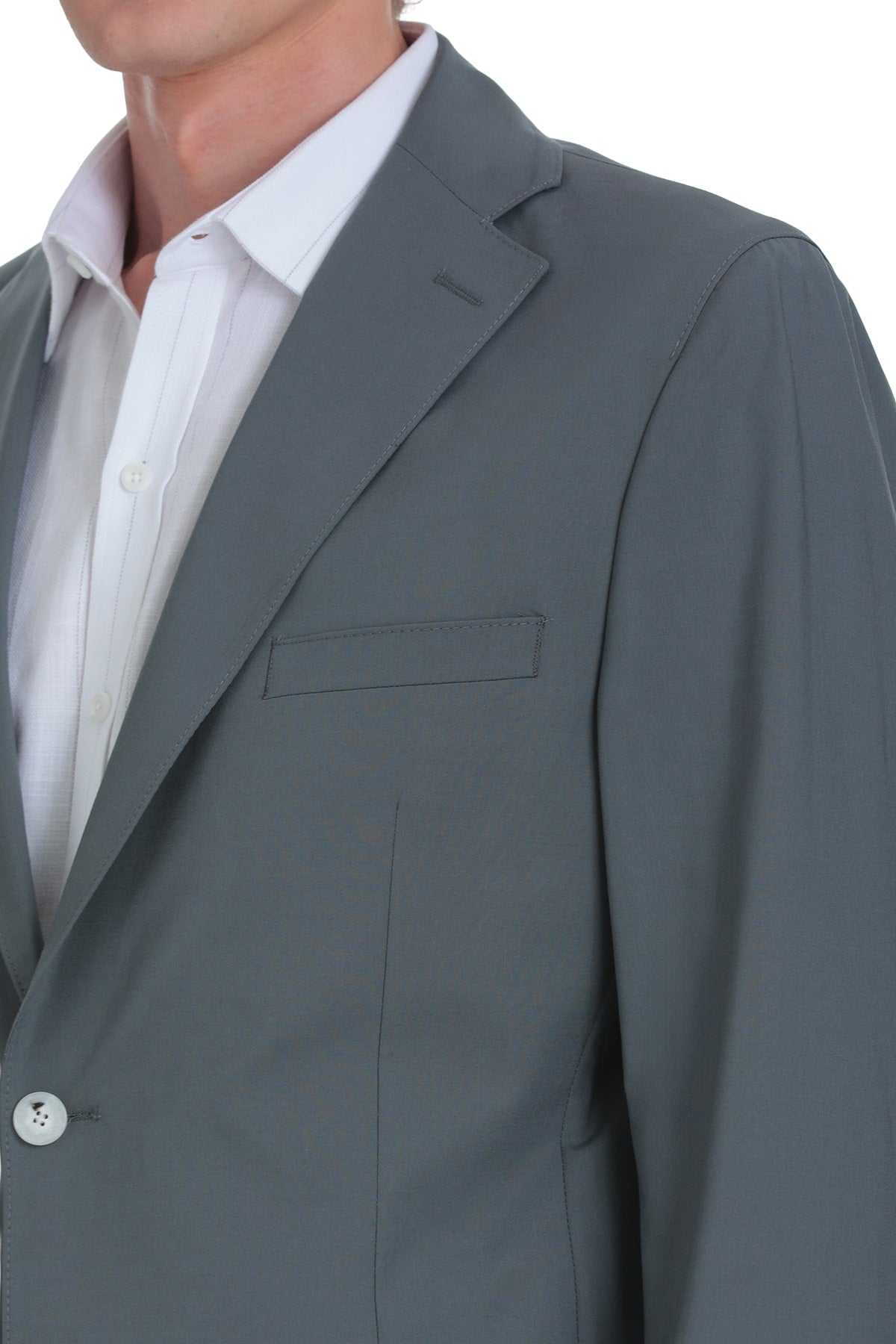 A tailored gray suit jacket with a notched lapel, single-breasted design, and subtle stitching details.