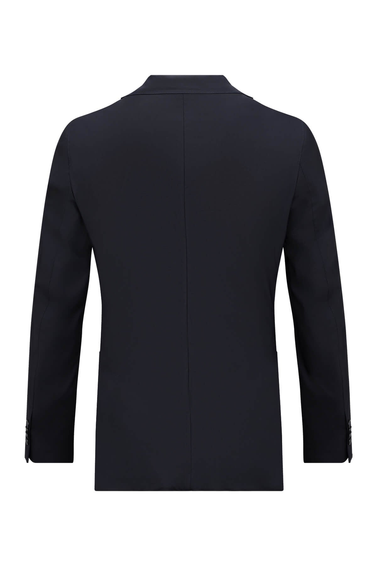 Black tailored blazer with a sleek, structured silhouette and subtle seam detailing.