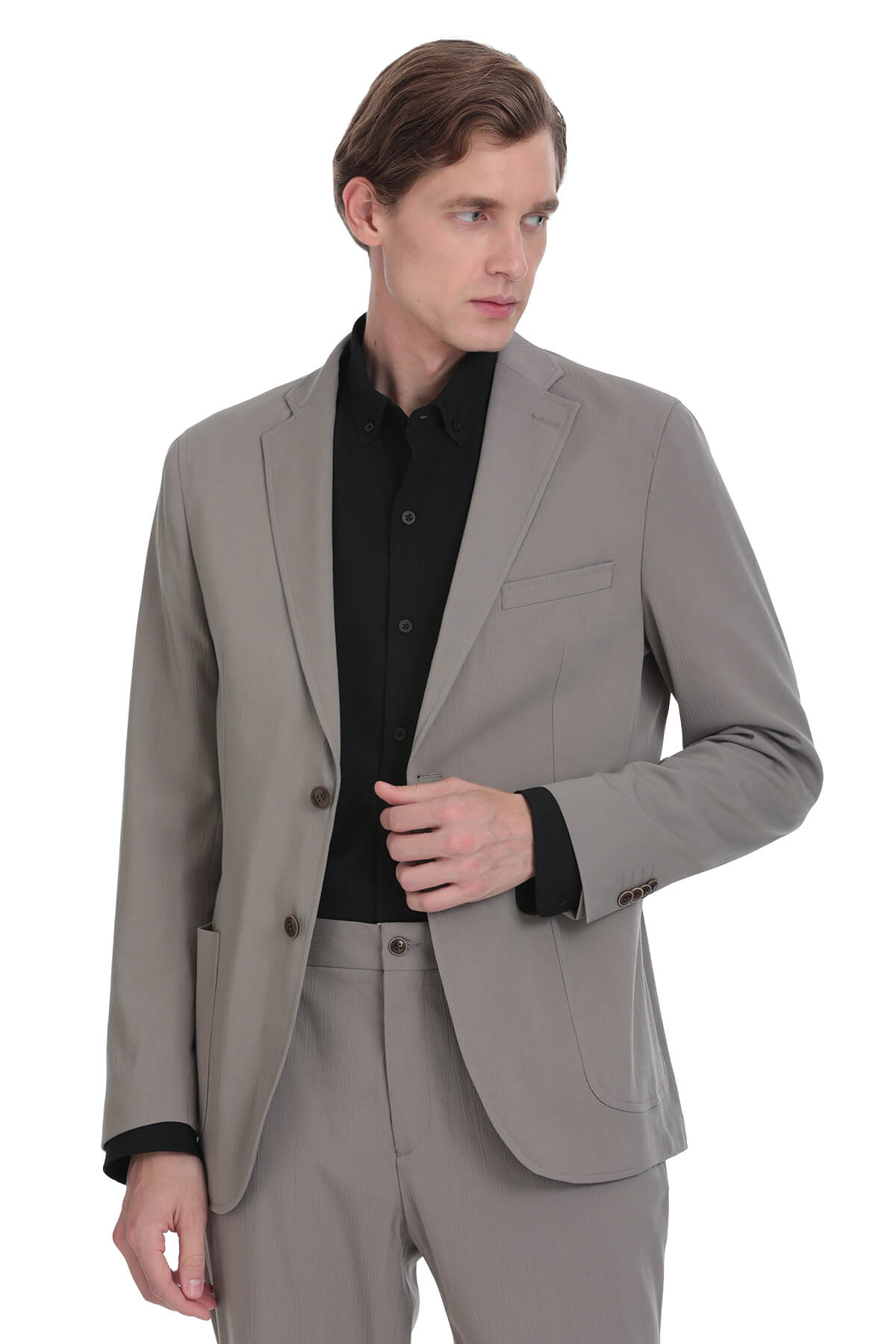A sleek, tailored gray suit jacket with black inner lining and matching buttons.