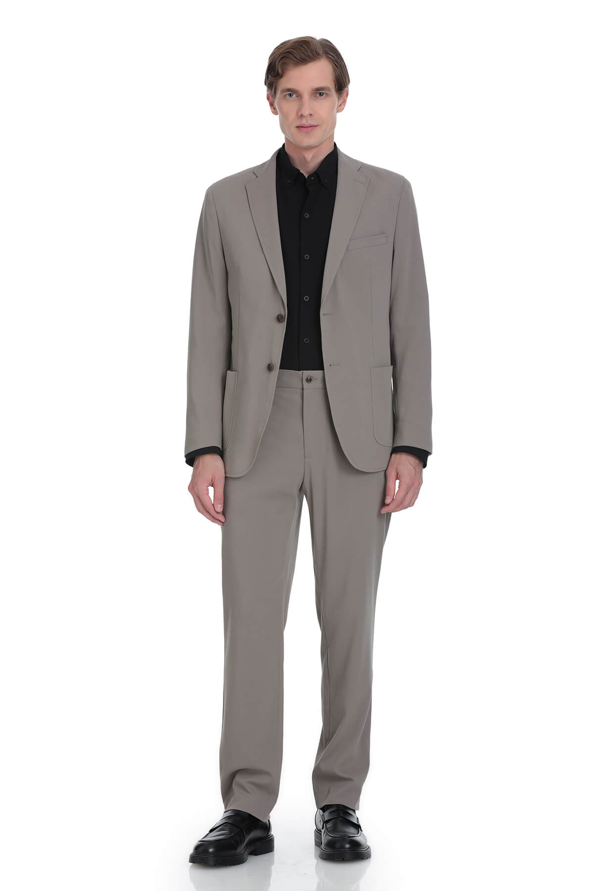 A tailored gray suit with a sleek, modern cut and subtle texture.