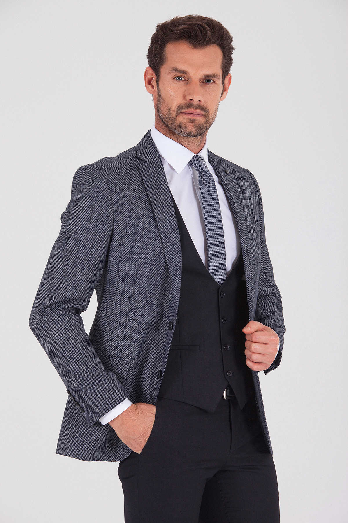 Slim Fit Notch Lapel Navy Classic Suit with Vest - SAYKI