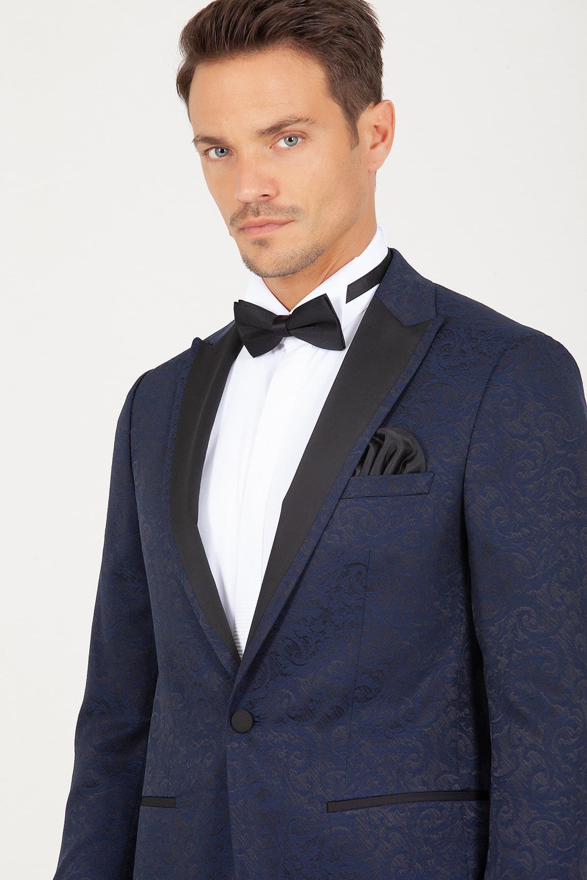 Slim Fit Notch Lapel Patterned Navy Classic Tuxedo - SAYKI