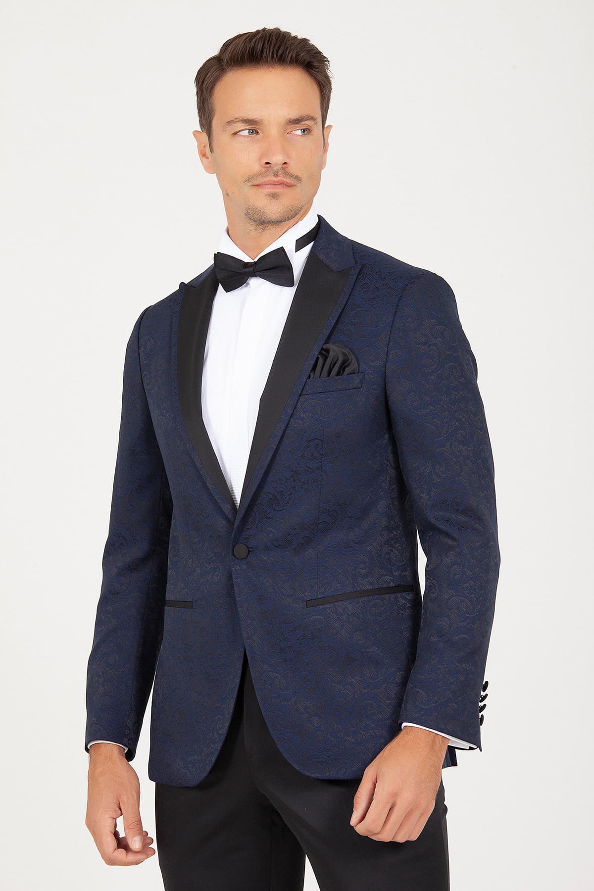 Slim Fit Notch Lapel Patterned Navy Classic Tuxedo - SAYKI