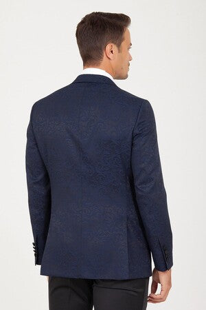 Slim Fit Notch Lapel Patterned Navy Classic Tuxedo - SAYKI