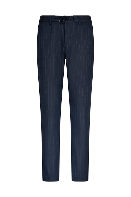 Navy blue pinstripe trousers with a drawstring waistband.
