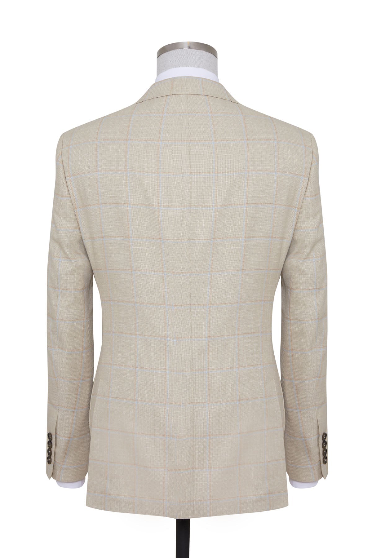 Beige checkered wool blazer with subtle tonal pattern and classic tailored fit.