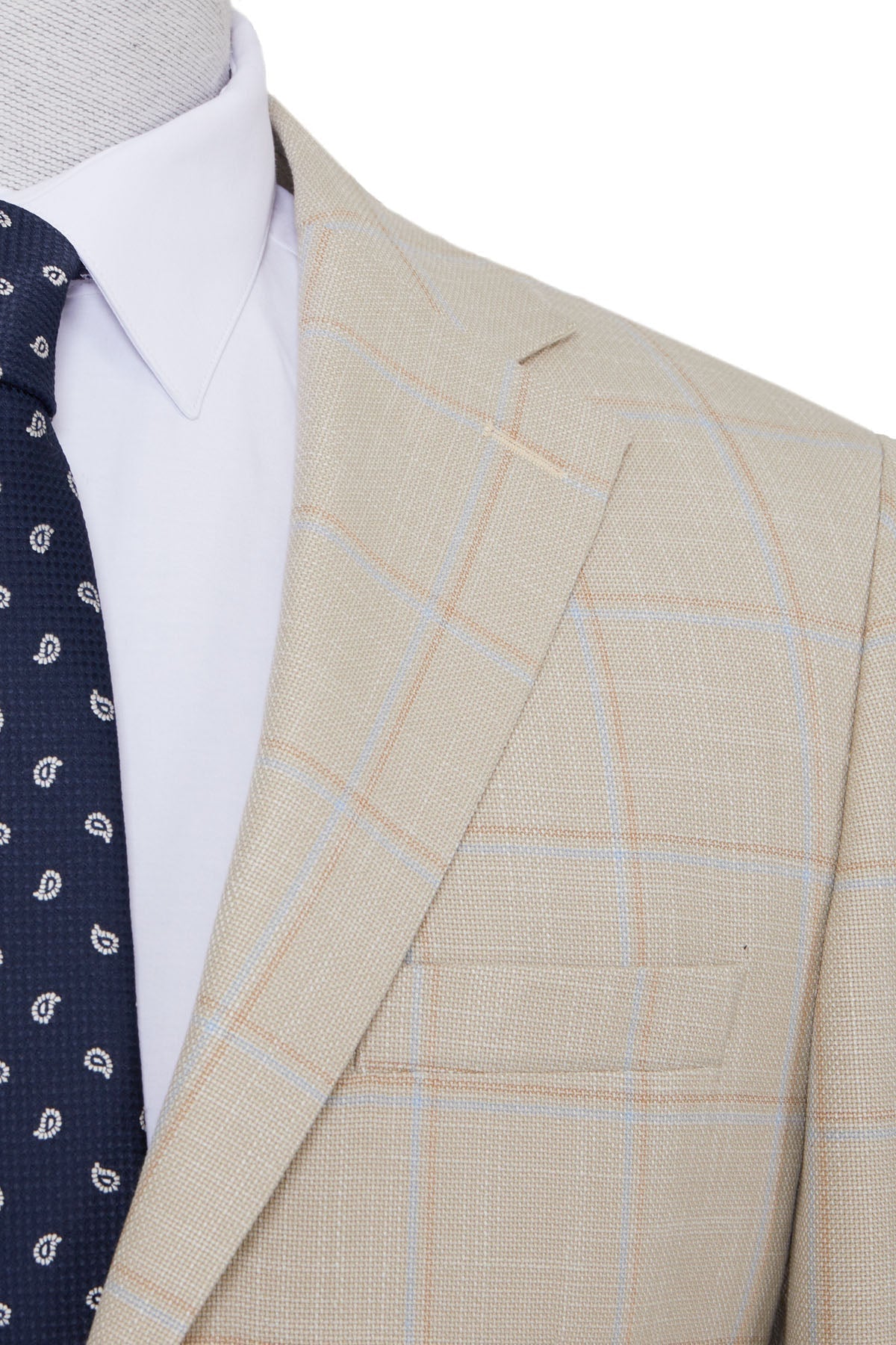 Beige plaid wool suit jacket with subtle tan and light blue grid pattern.