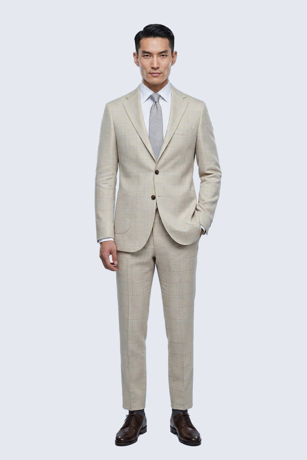 Beige slim fit notch lapel casual blazer with subtle check pattern and two-button design for a sharp look