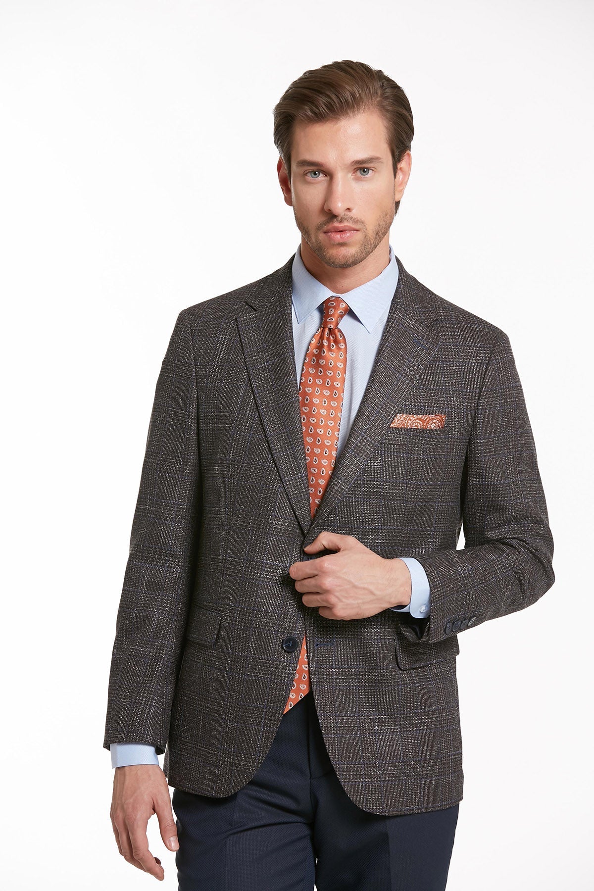 Slim Fit Notch Lapel Plaid Brown Casual Suit - SAYKI