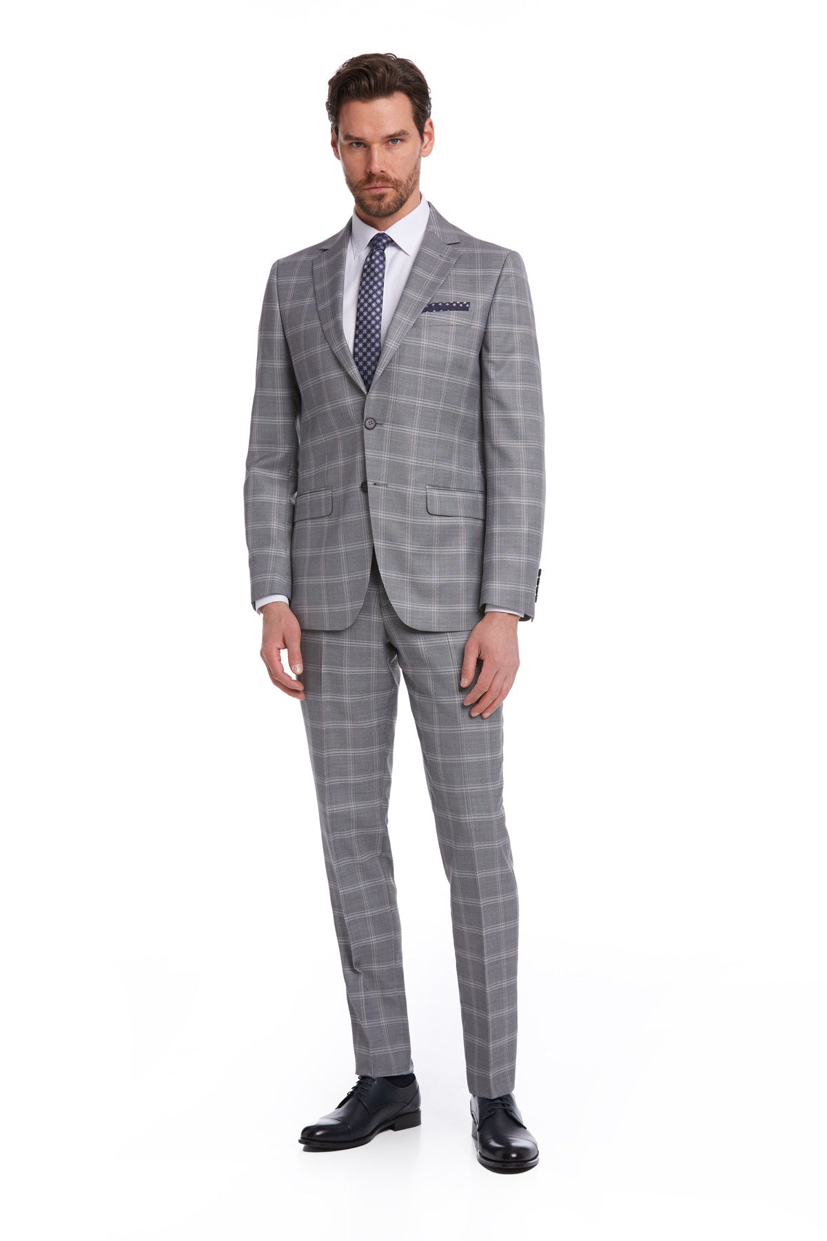 Gray plaid two-piece suit with a subtle check pattern and tailored fit.