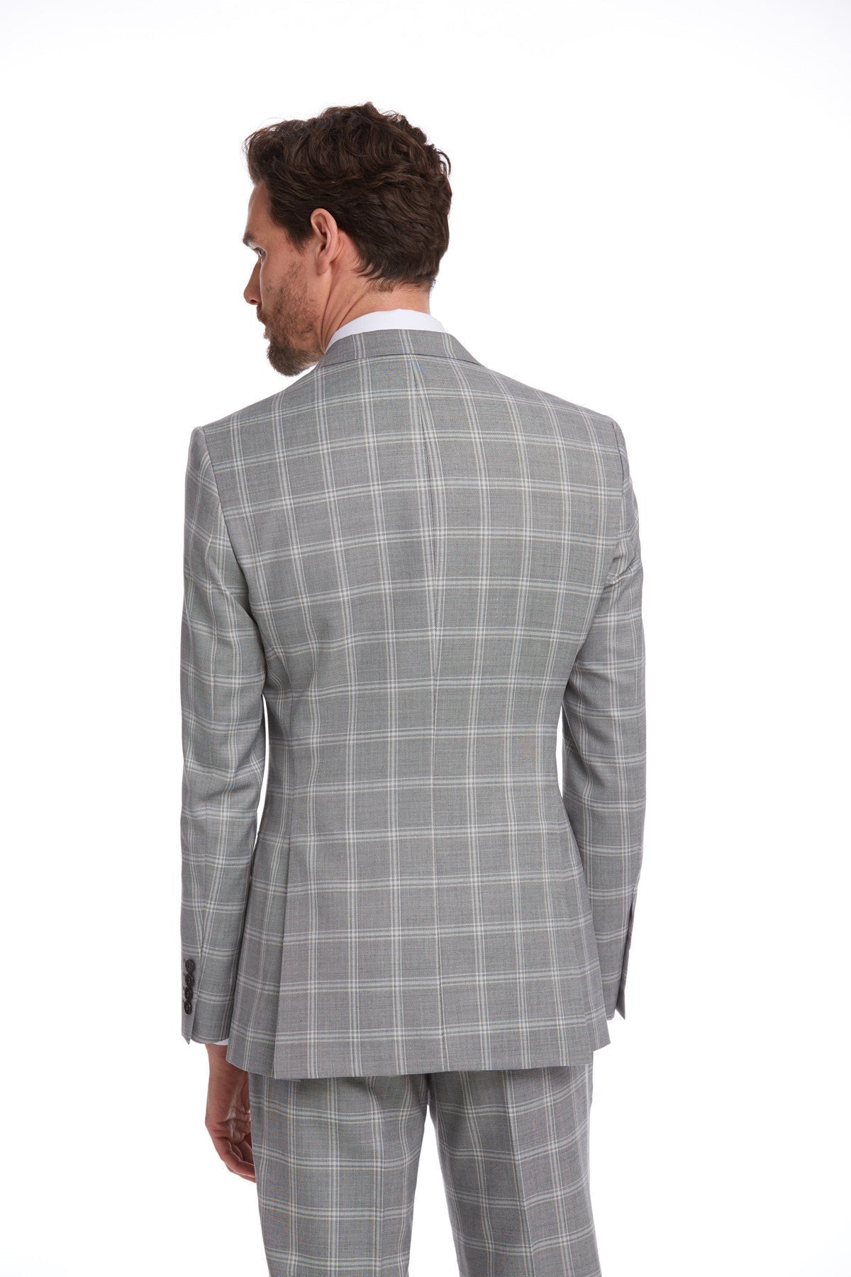 Gray plaid suit with white intersecting lines, crafted from a tailored fabric.