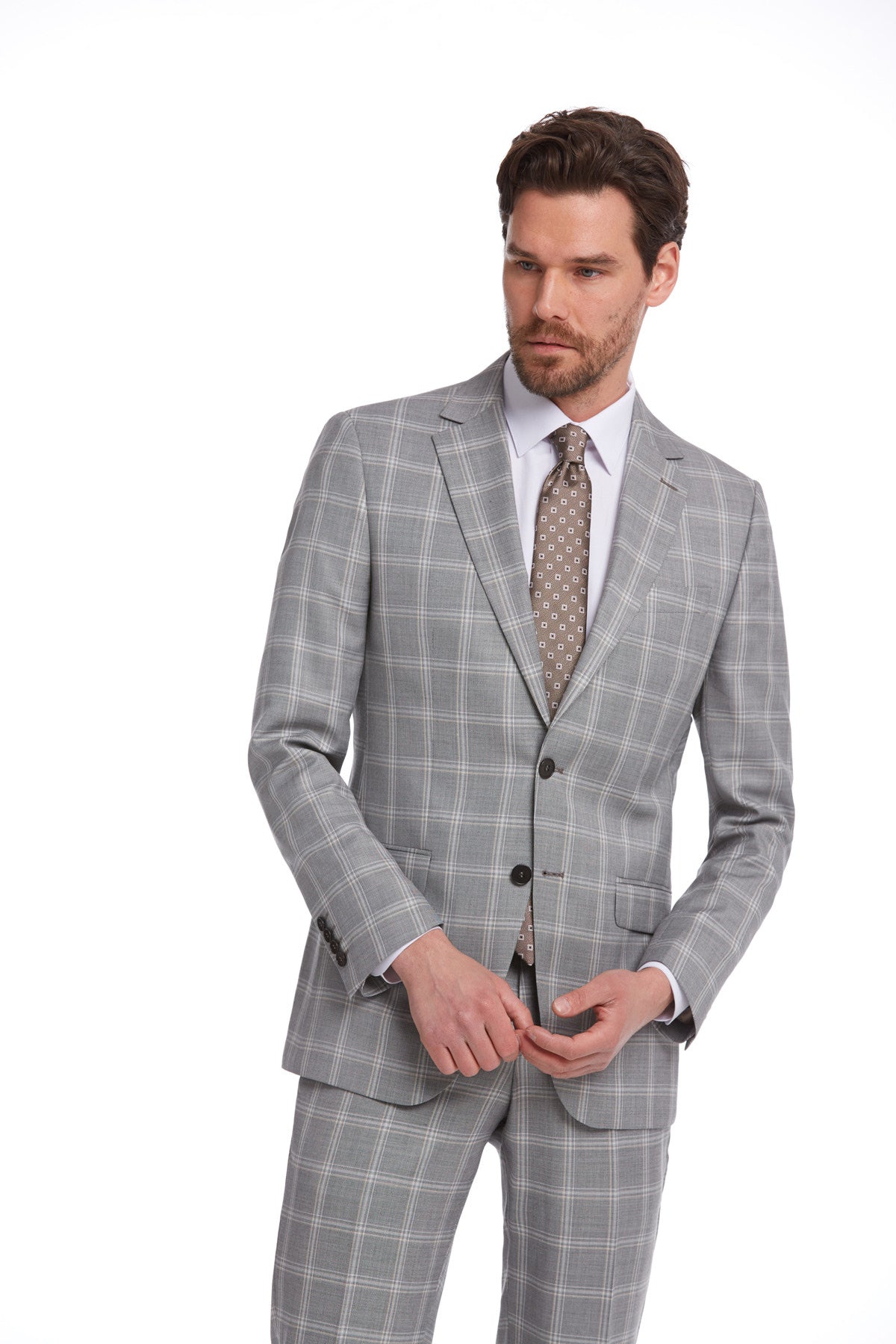 Gray plaid suit with a subtle check pattern and tailored fit.