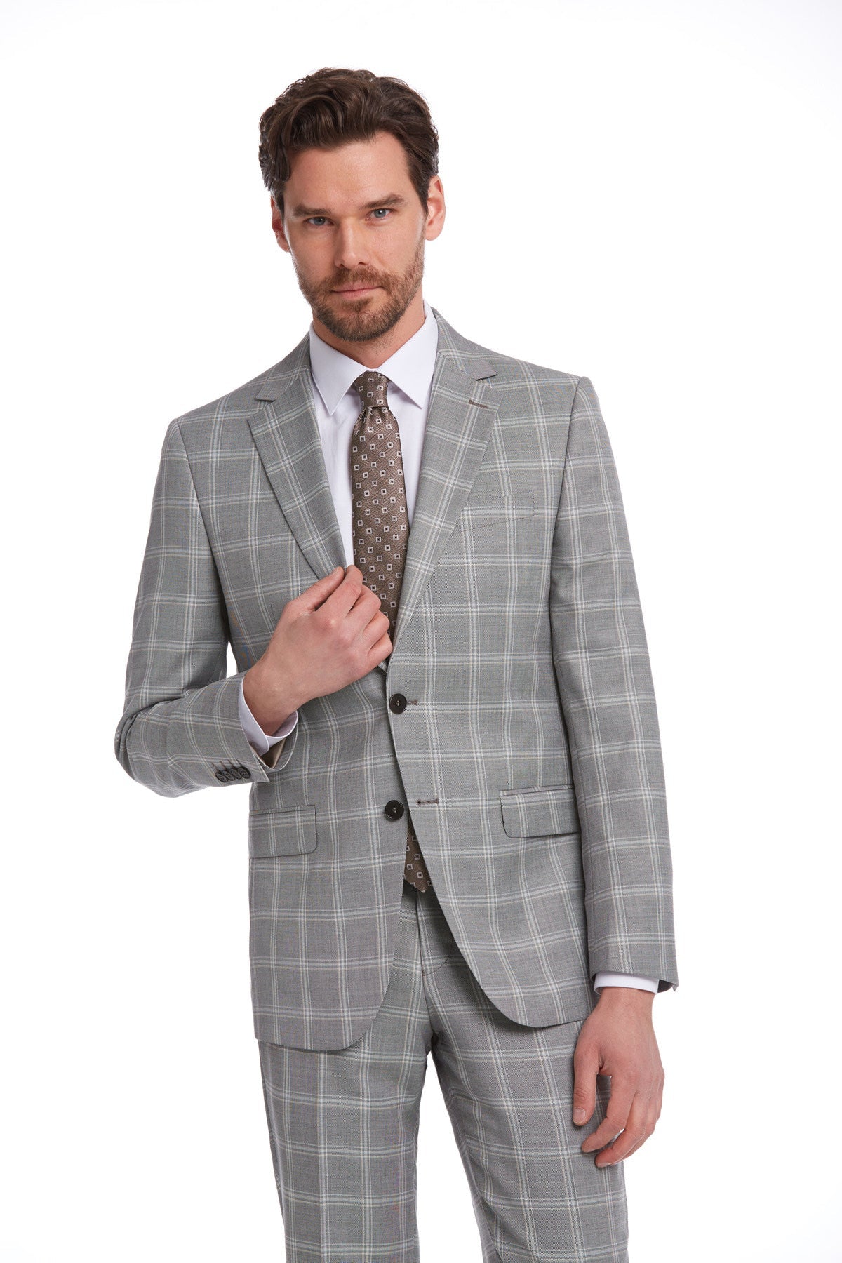 Gray plaid suit jacket with a classic double-breasted design and subtle texture.