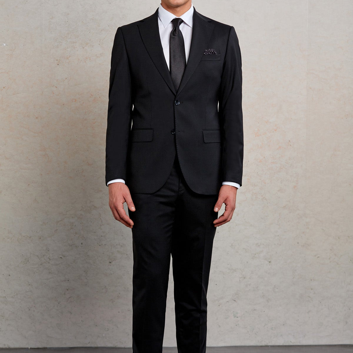 black shoes with navy dress pants Men's Slim Fit Black Wool Suit - Notch Lapel