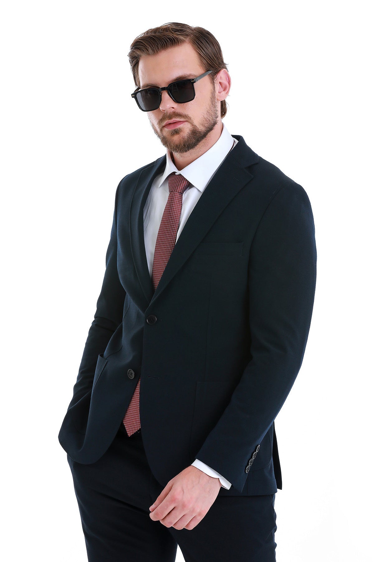 Slim Fit Notch Lapel Plain Navy Casual Suit - SAYKI