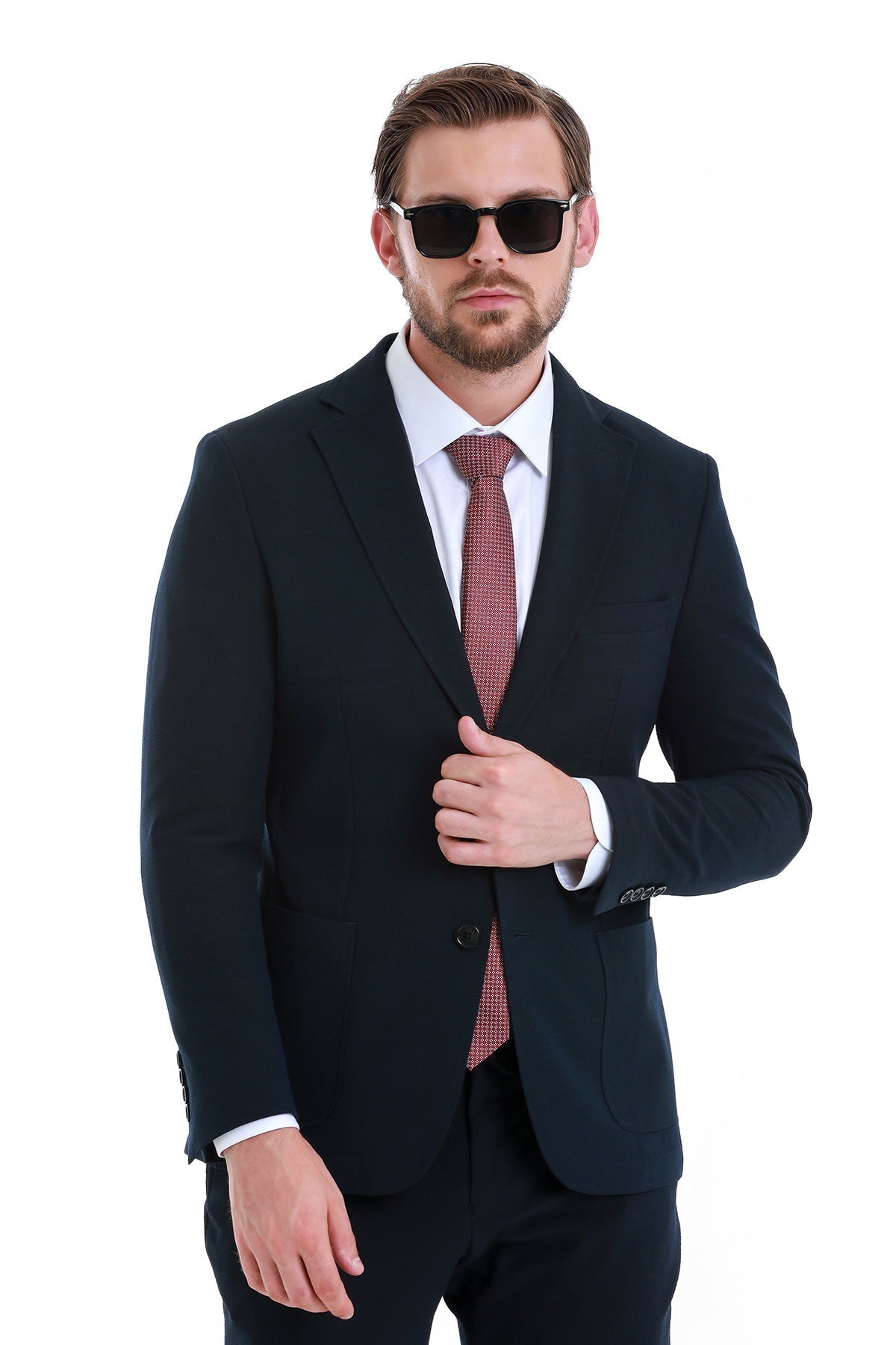 Slim Fit Notch Lapel Plain Navy Casual Suit - SAYKI