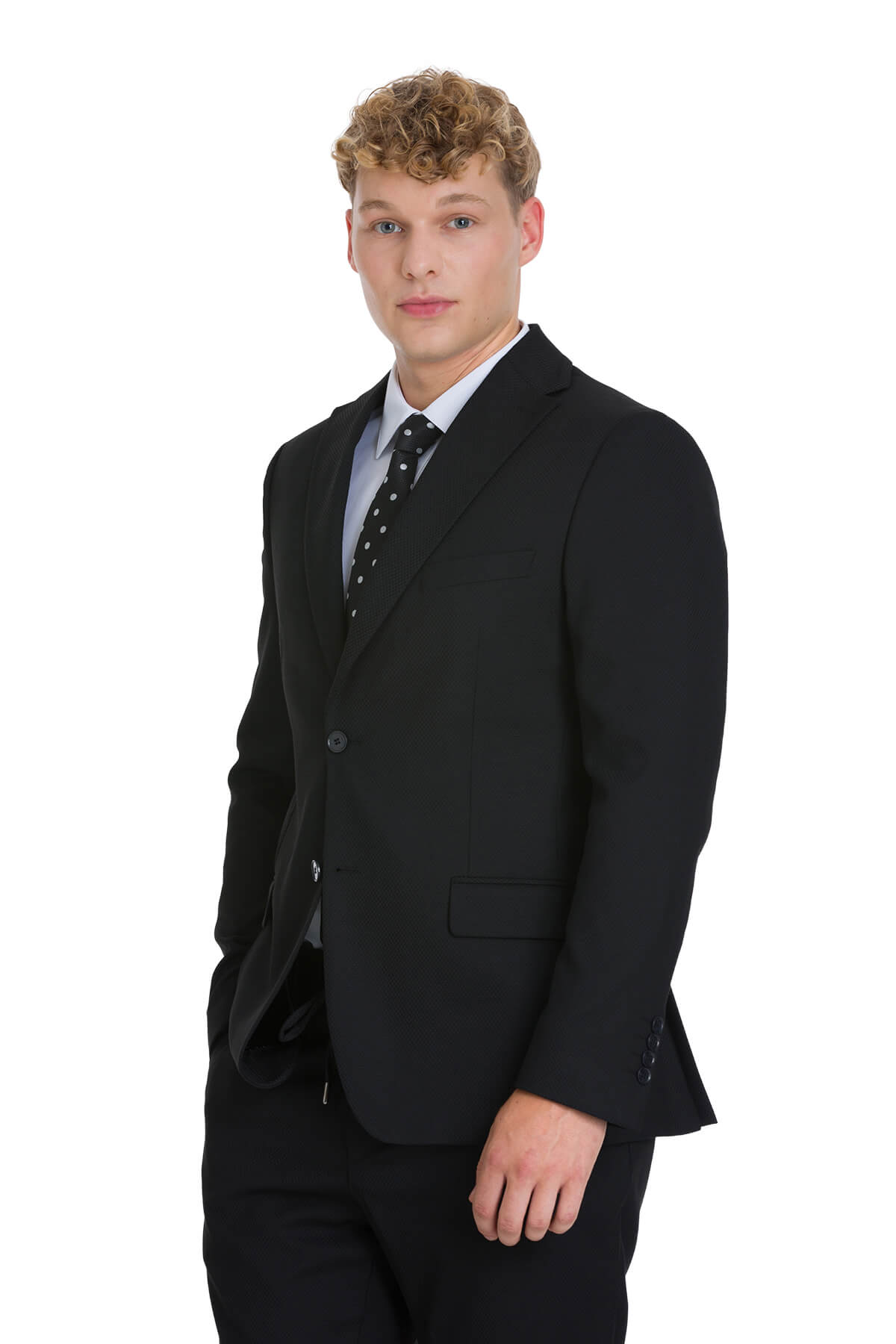Slim Fit Notch Lapel Textured Black Classic Suit - SAYKI
