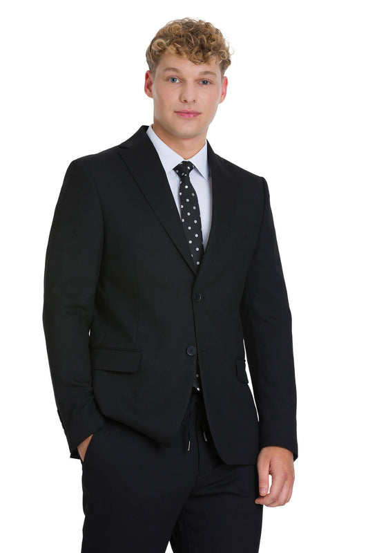 Black tailored suit jacket with notched lapels and three-button front.