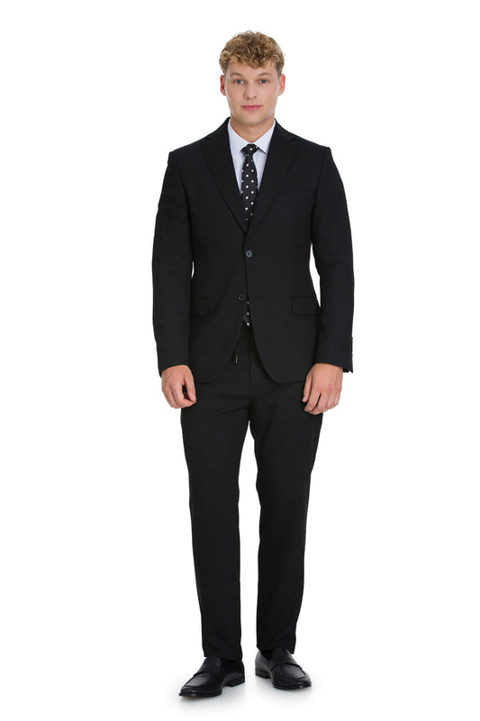 Black tailored suit with a matching vest and trousers, featuring subtle texture and classic design.