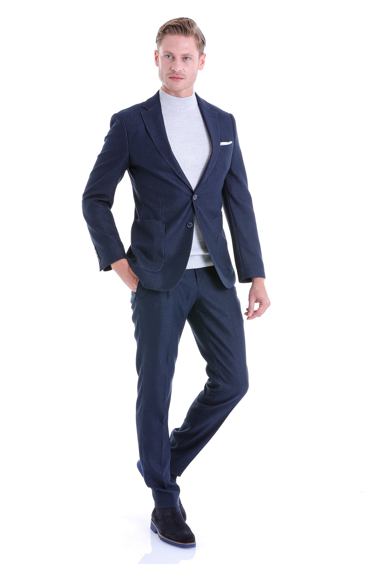 Slim Fit Notch Lapel Textured Navy Casual Suit - SAYKI