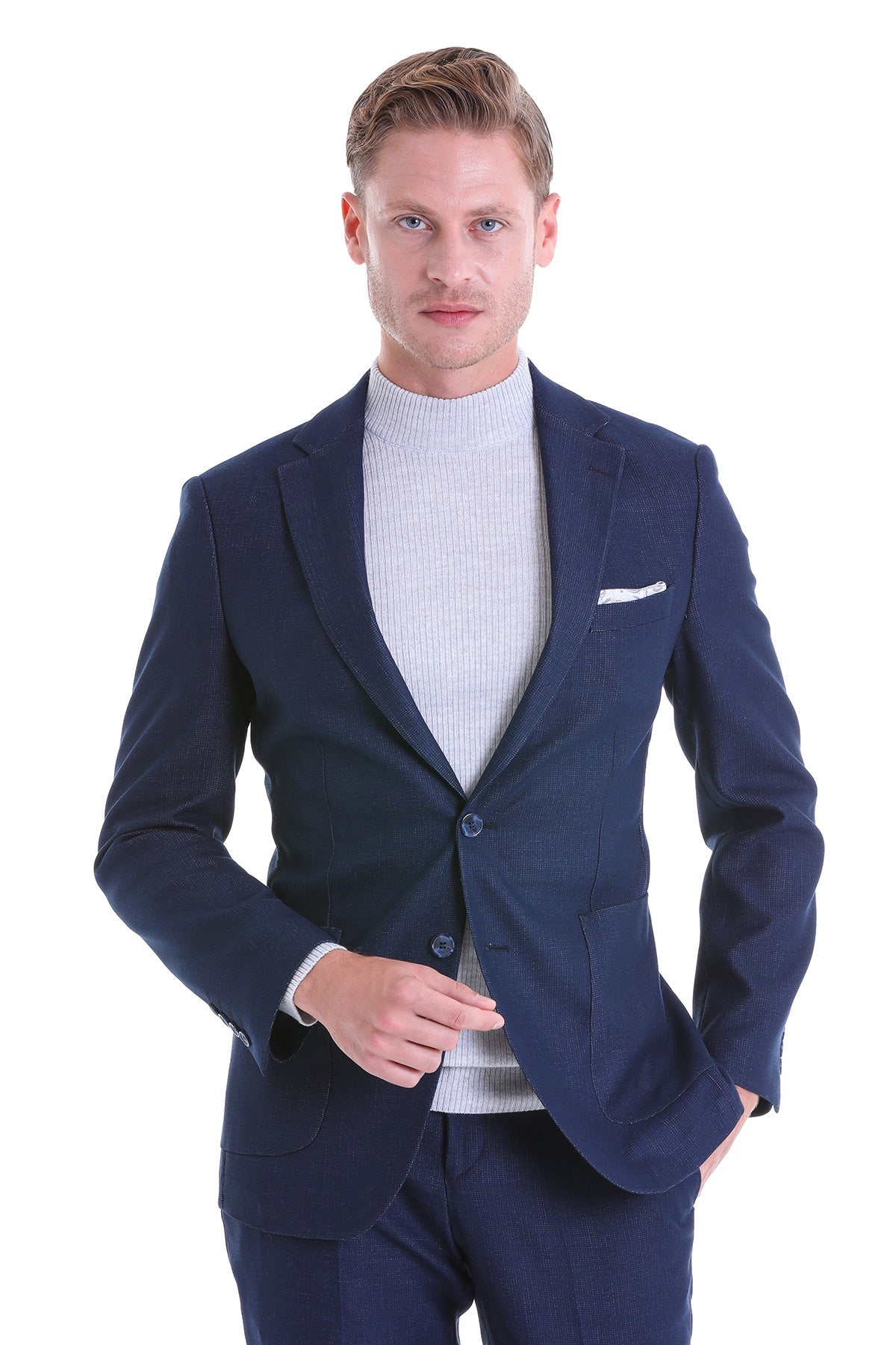 Slim Fit Notch Lapel Textured Navy Casual Suit - SAYKI