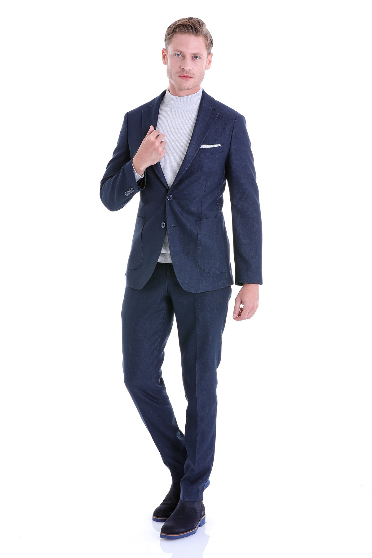 Slim Fit Notch Lapel Textured Navy Casual Suit - SAYKI