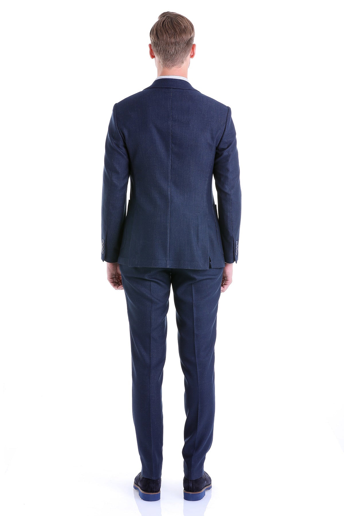 Slim Fit Notch Lapel Textured Navy Casual Suit - SAYKI