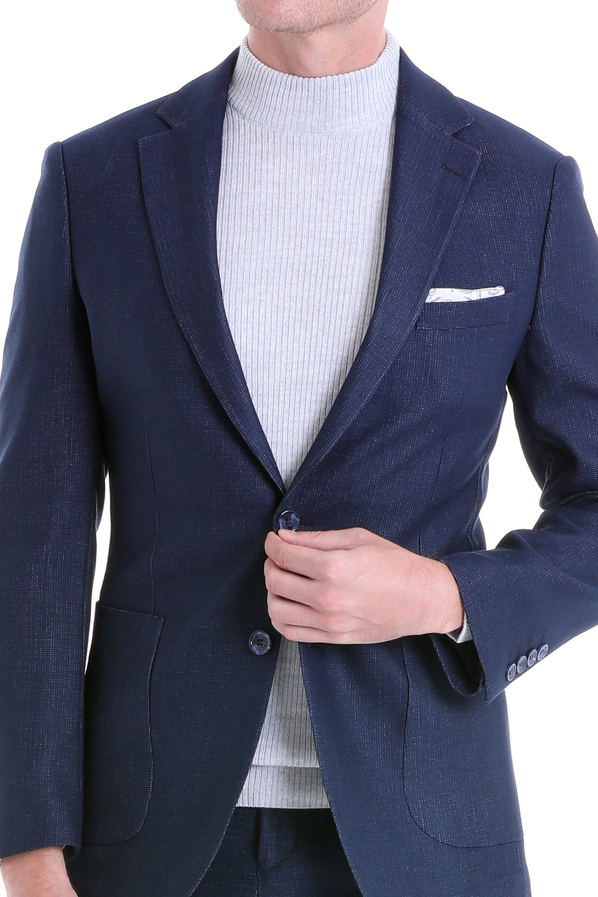 Slim Fit Notch Lapel Textured Navy Casual Suit - SAYKI