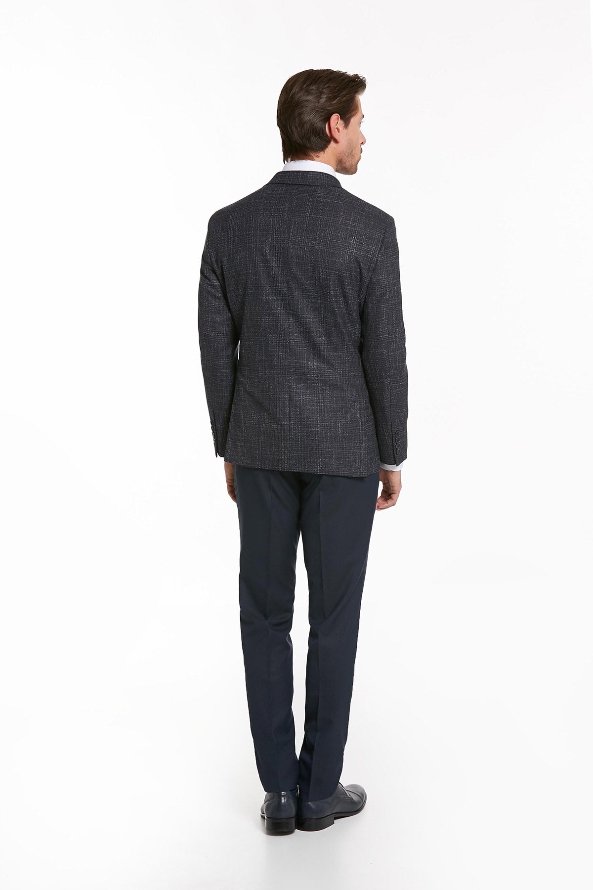 Slim Fit Notch Lapel Tonal Plaid Navy Casual Suit - SAYKI