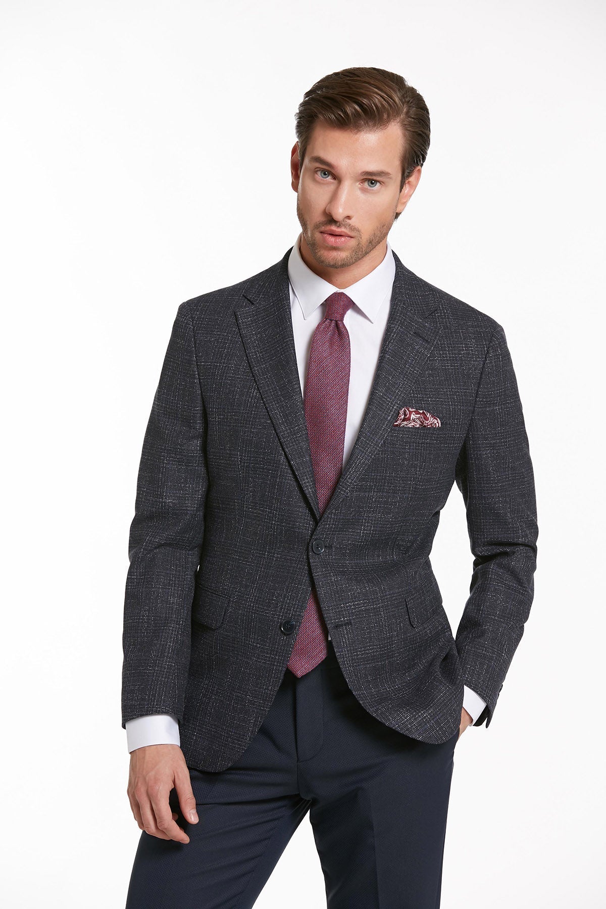 Slim Fit Notch Lapel Tonal Plaid Navy Casual Suit - SAYKI