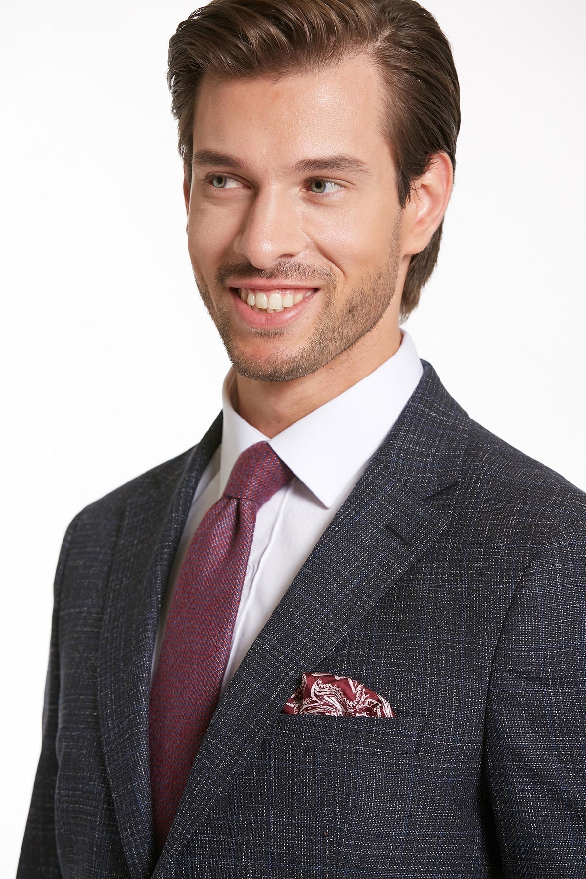 Slim Fit Notch Lapel Tonal Plaid Navy Casual Suit - SAYKI