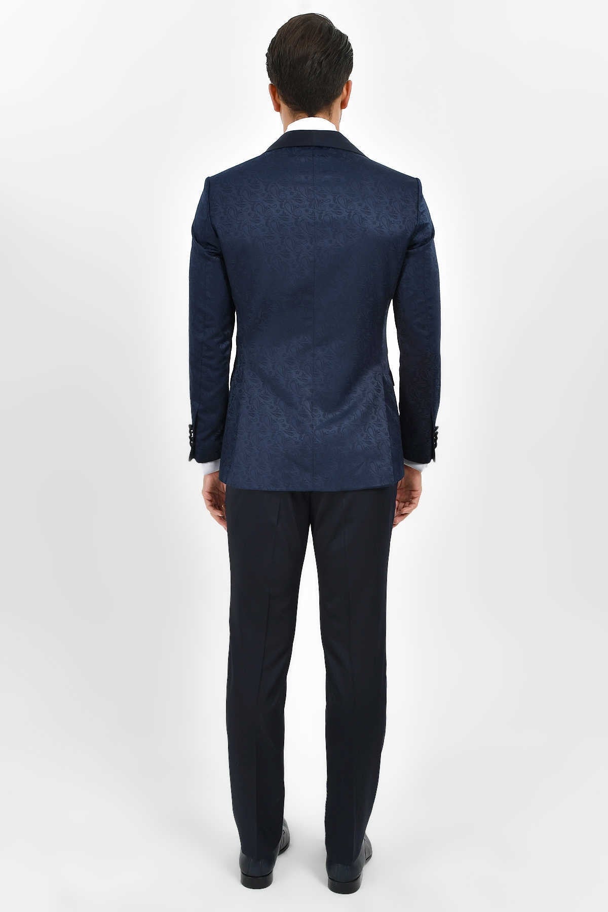 Slim Fit Paisley Navy Peak Lapel Classic Tuxedo - SAYKI