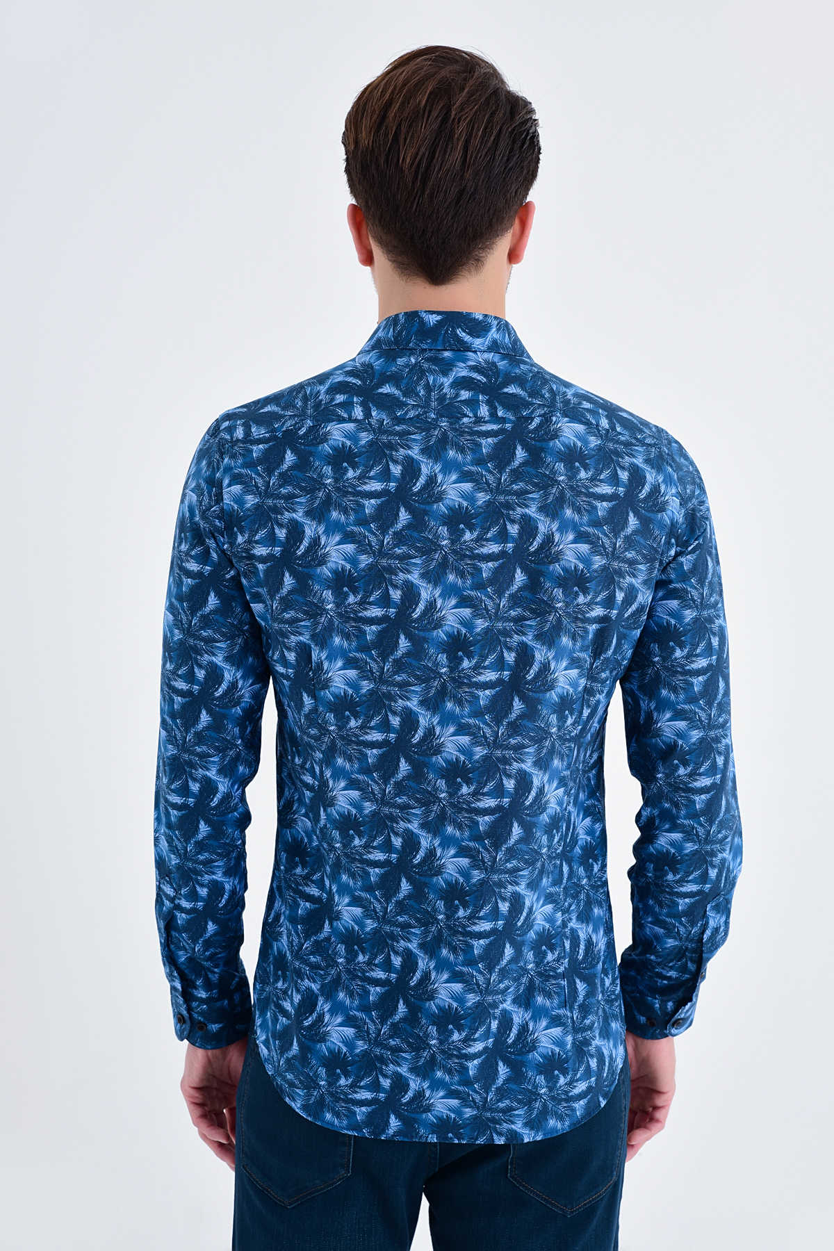 Slim Fit Palm Tree Printed Cotton Navy Casual Shirt - SAYKI