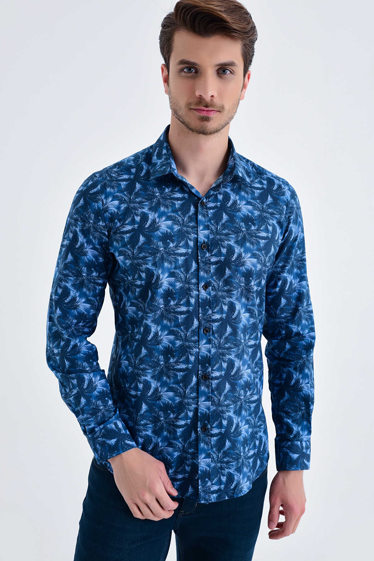 Slim Fit Palm Tree Printed Cotton Navy Casual Shirt - SAYKI