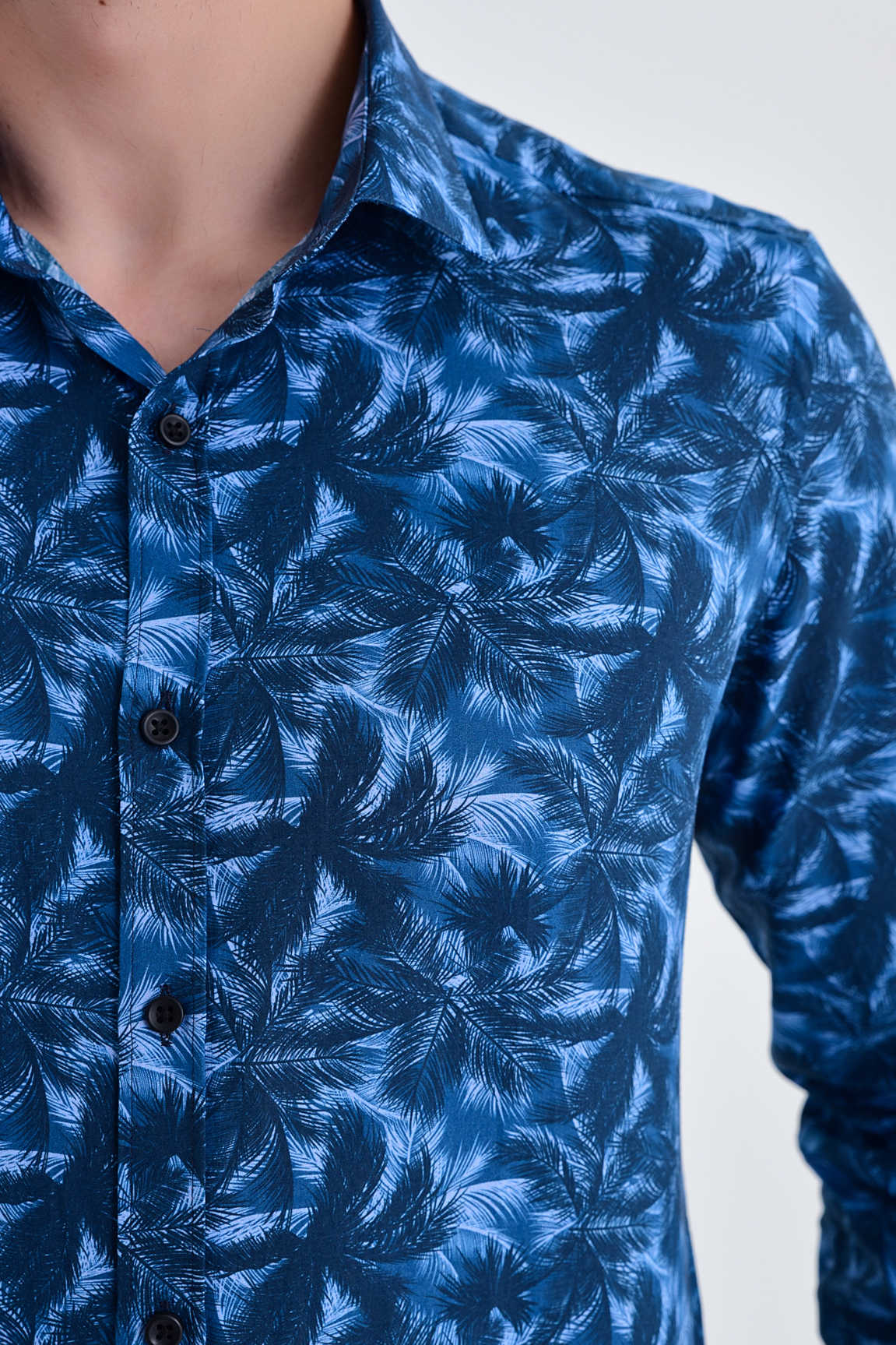 Slim Fit Palm Tree Printed Cotton Navy Casual Shirt - SAYKI