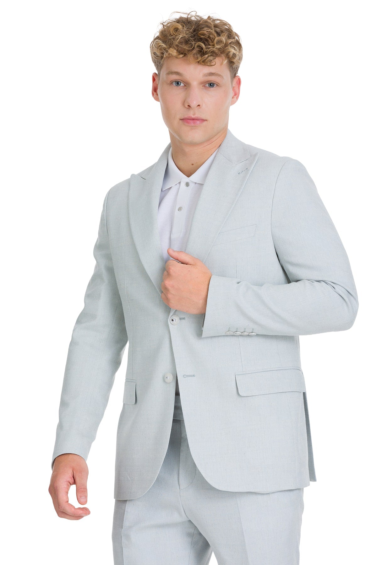 Slim fit light blue linen-cotton suit jacket with peak lapel notched collar and two front flap pockets