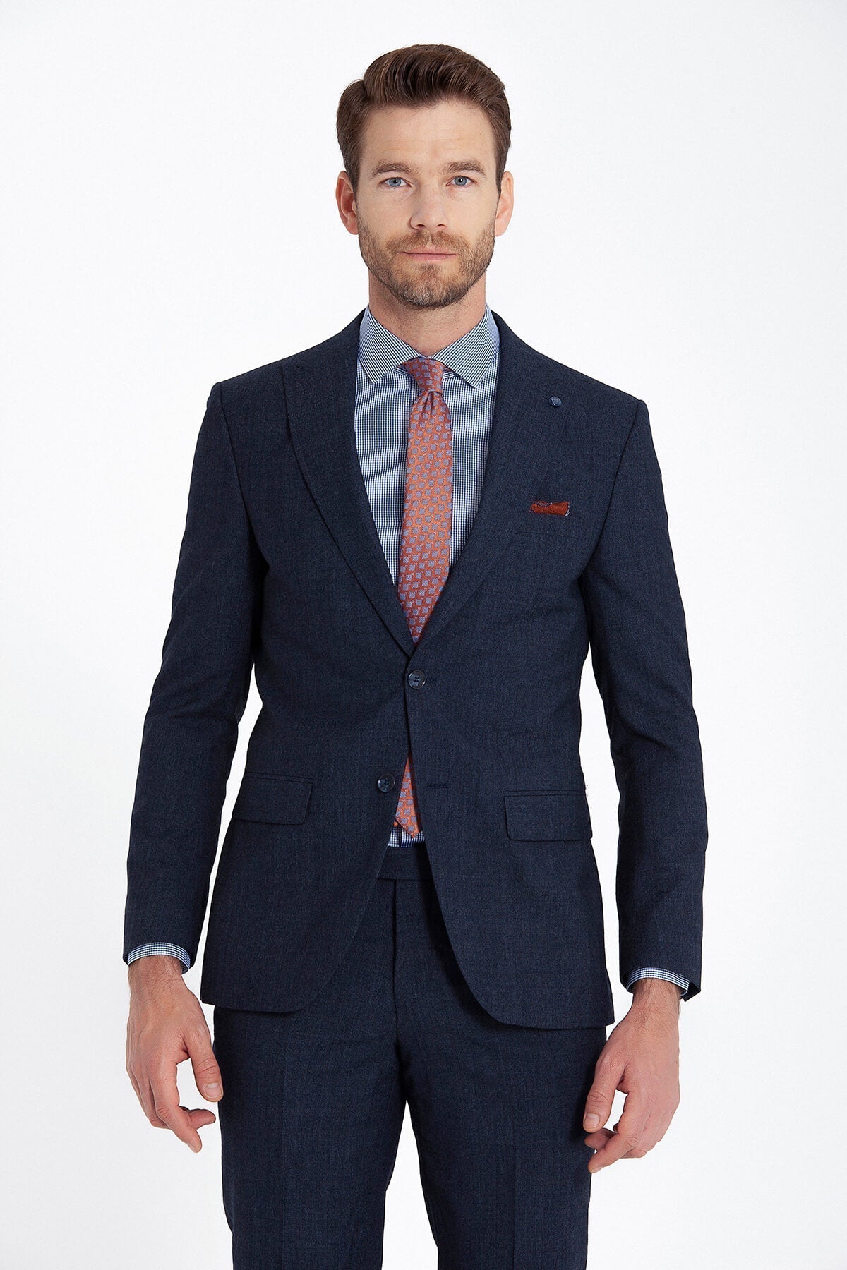 Slim Fit Peak Lapel Wool Blend Navy Classic Suit - SAYKI