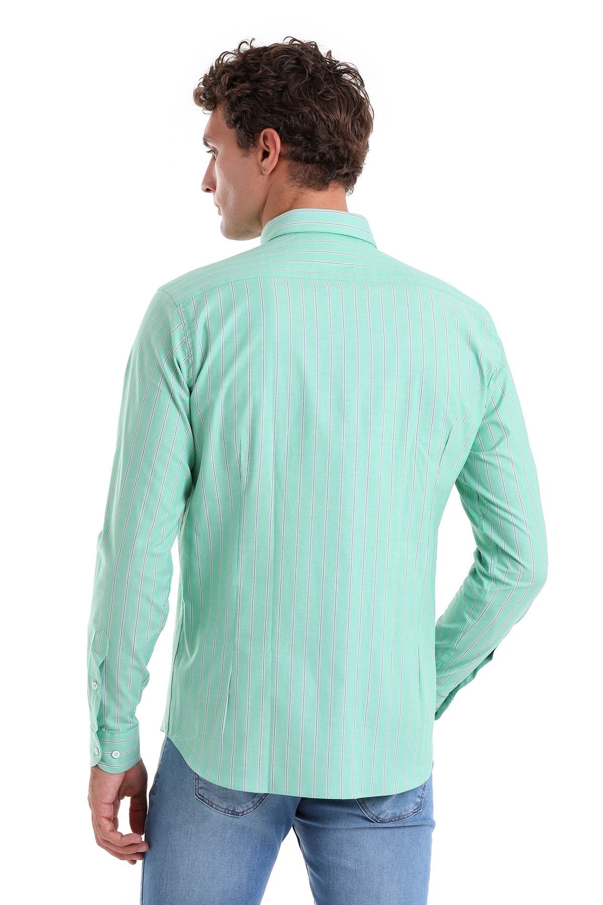 Slim Fit Pin Stripe Cotton Blend Green Casual Shirt - SAYKI