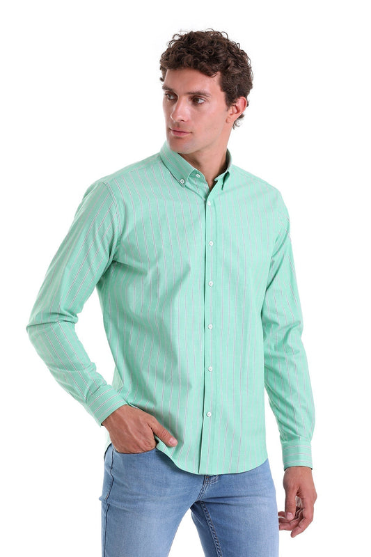 A mint green long-sleeved button-down shirt with subtle vertical stripes.