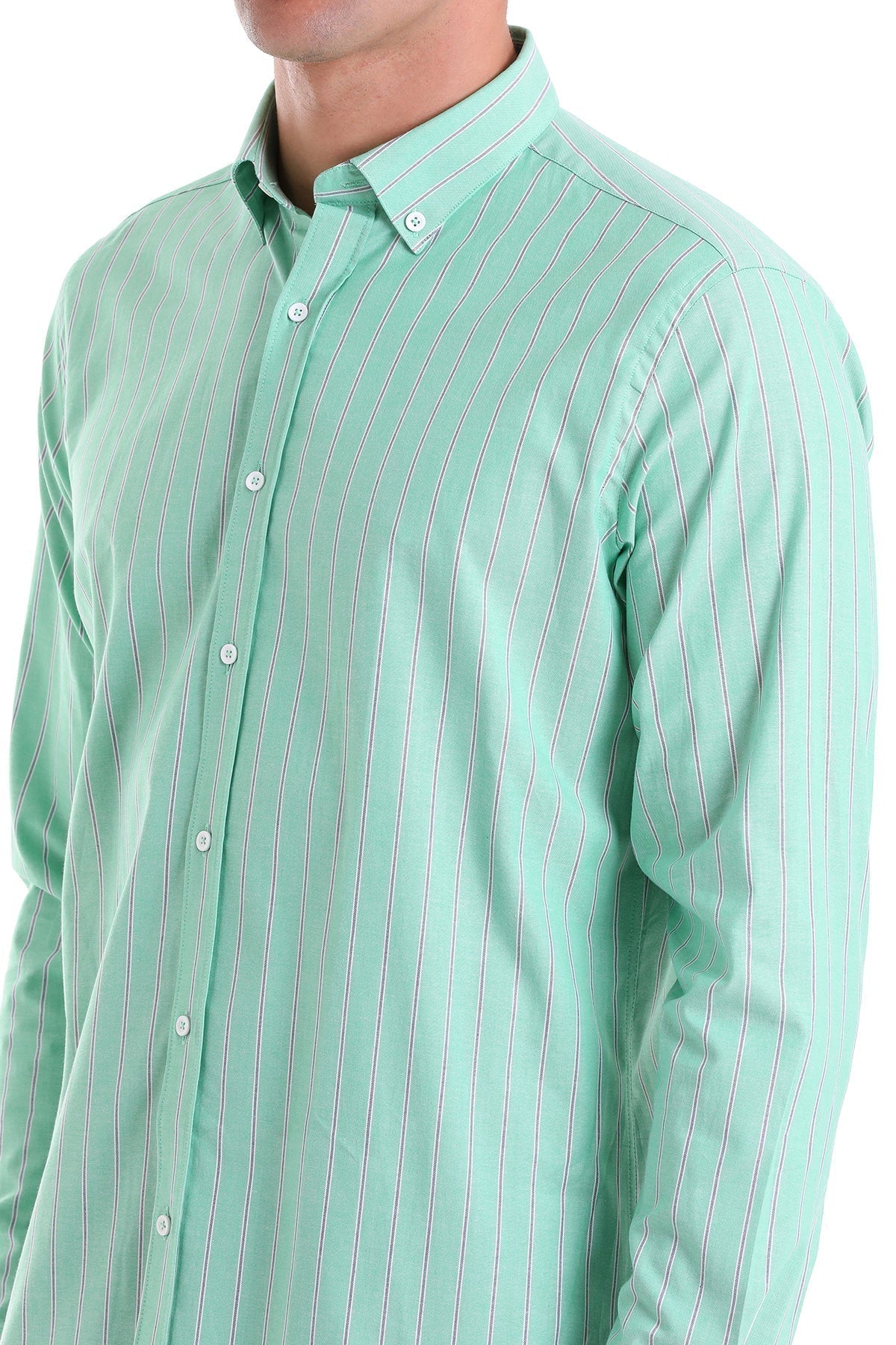 Slim Fit Pin Stripe Cotton Blend Green Casual Shirt - SAYKI