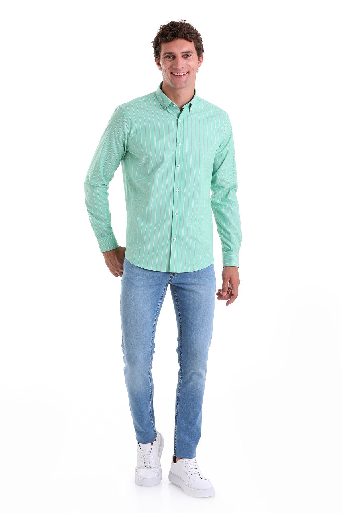 Slim Fit Pin Stripe Cotton Blend Green Casual Shirt - SAYKI